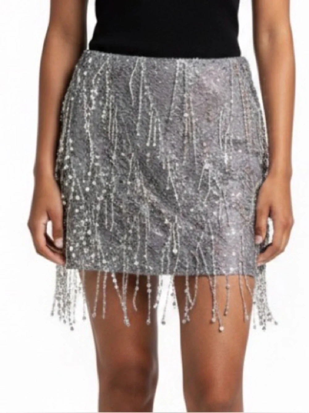 Pretty Little Thing Silver Sequin Tassel Mesh Micro Mini Skirt Size 12 Party - Picture 1 of 11